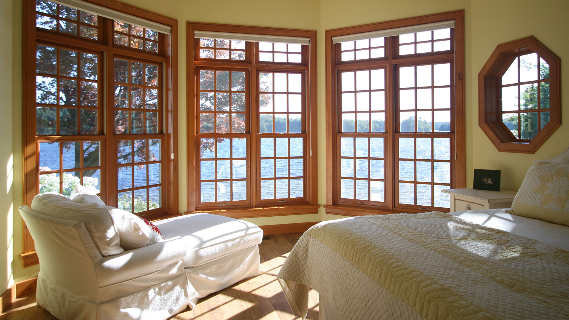 architect designed cottage addition - lake muskoka - bedroom overlooking lake