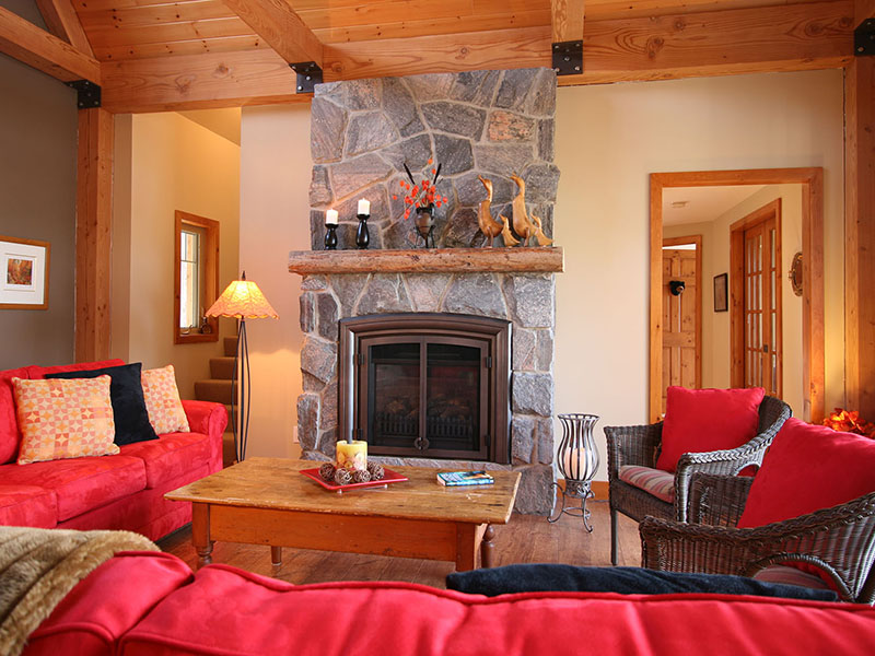 architect designed new lakefront cottage - parry sound - timber-frame family room fireplace S